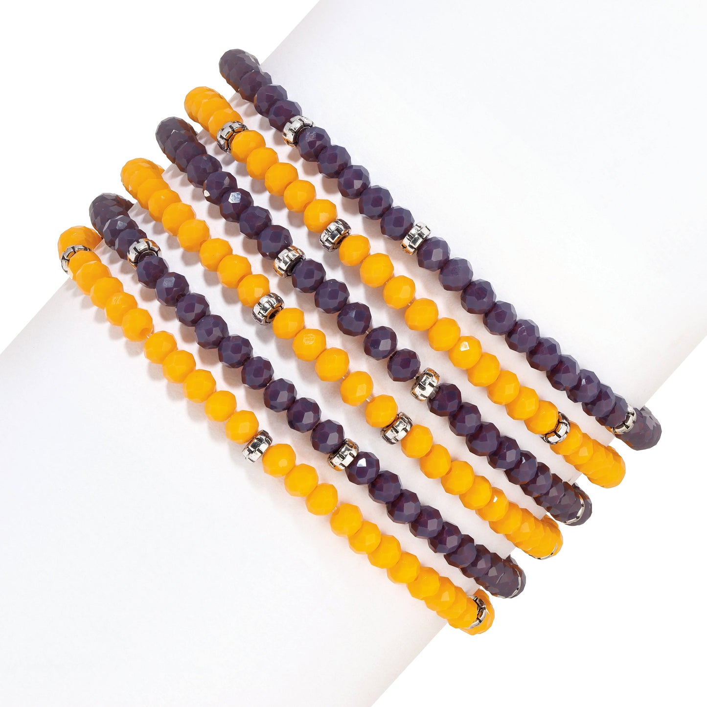 purple and yellow beaded bracelets stack