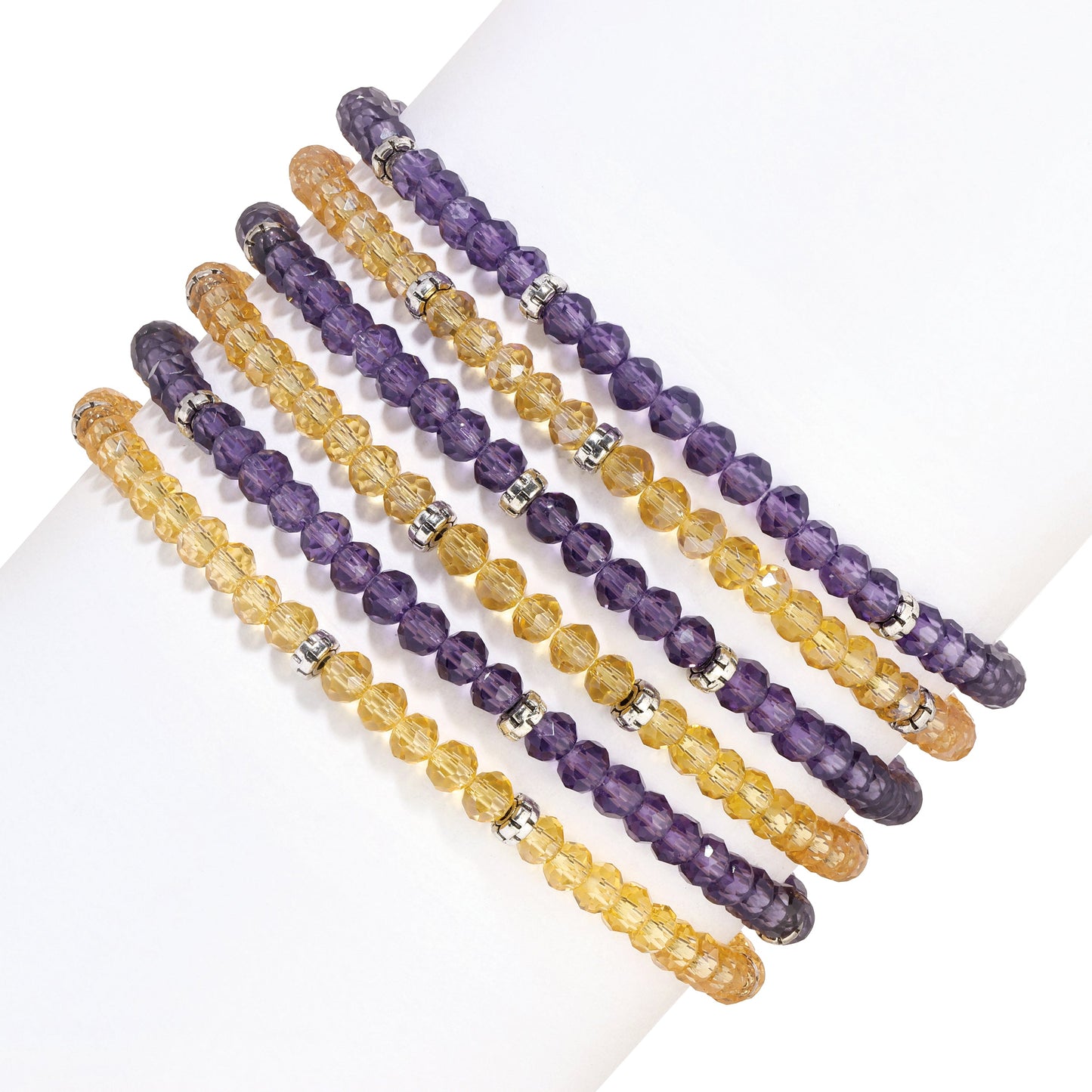 six gemstone beaded bracelets on display