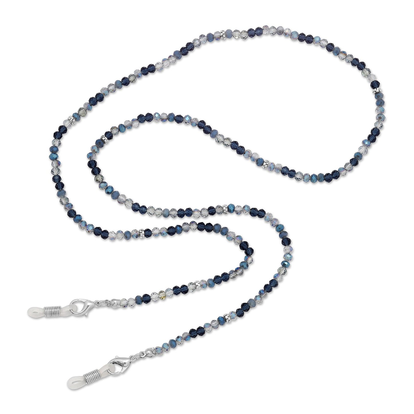 blue and silver beaded necklace on white background