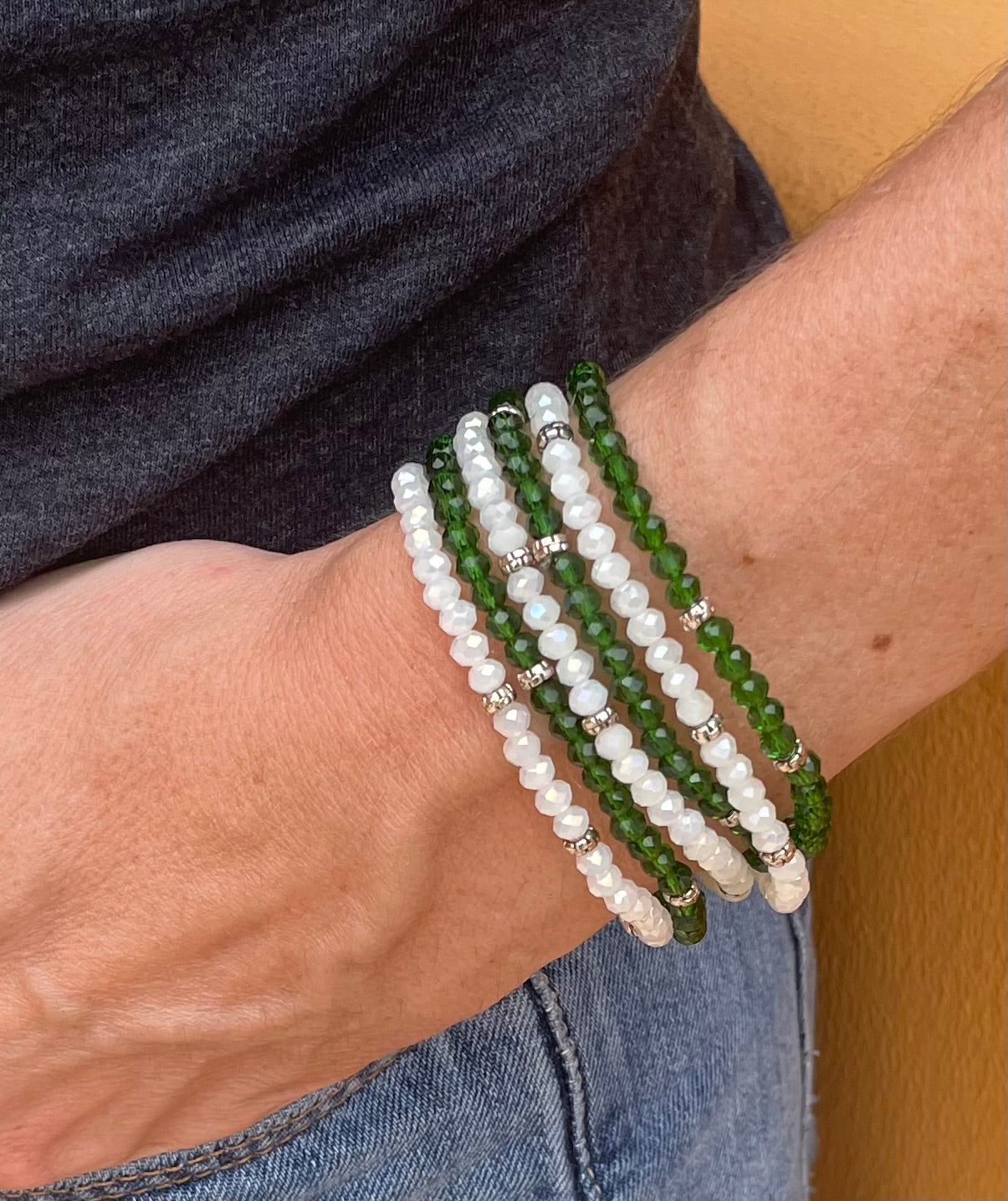 green & white mini-crystal bracelet 6-pack