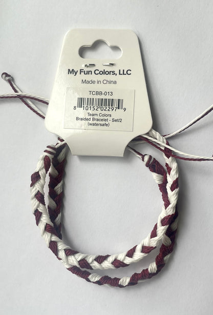 Maroon & White Team Color Braided Bracelets - Set of 2