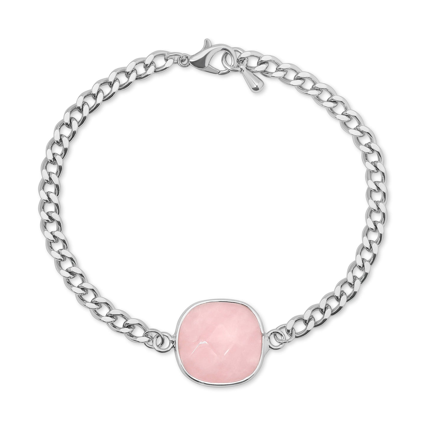silver bracelet with pink stone charm