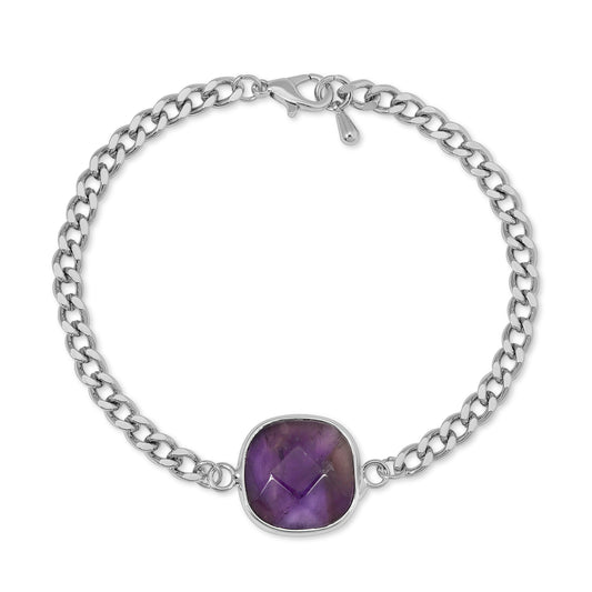 silver bracelet with purple gemstone center