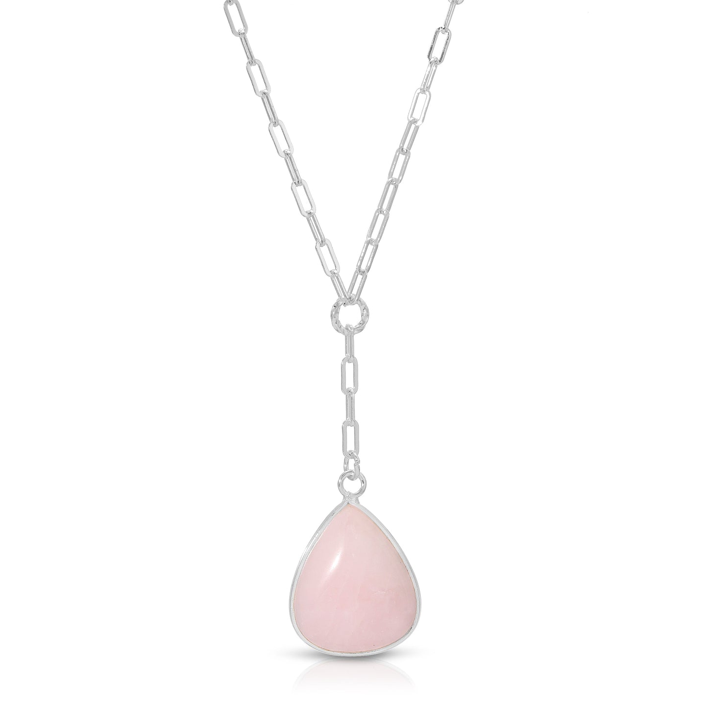 silver chain with pink teardrop pendant