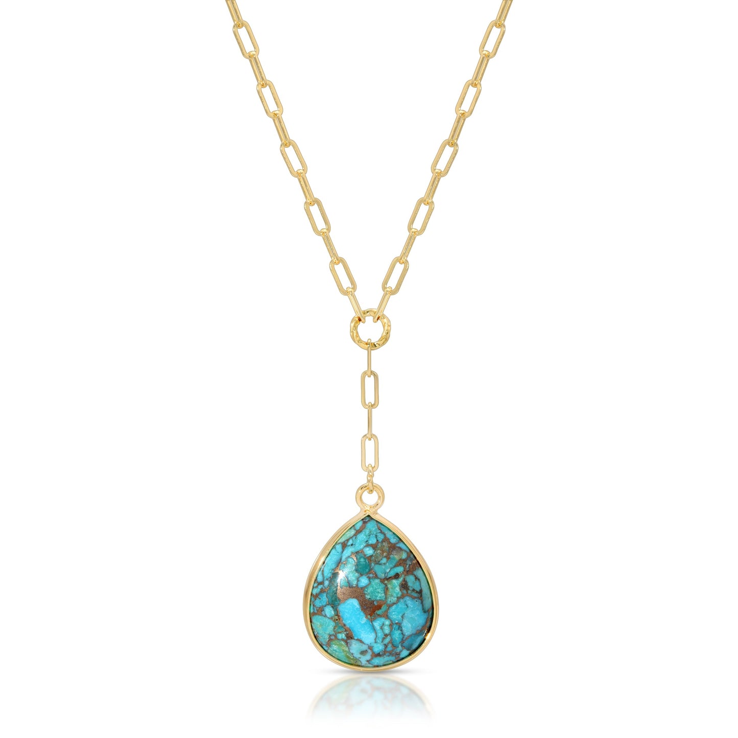 gold necklace with turquoise teardrop pendant