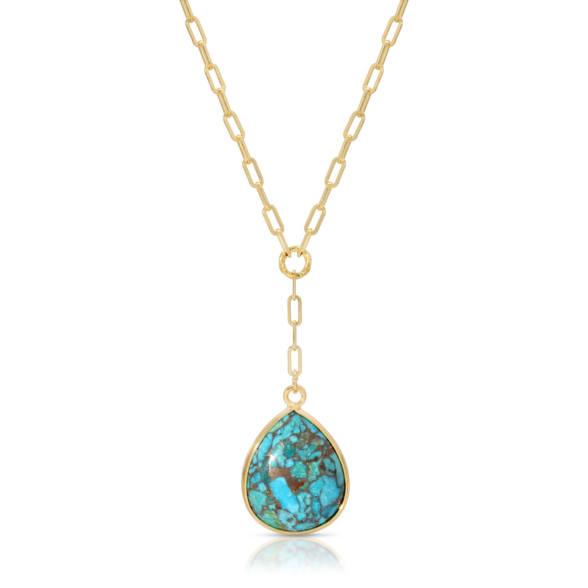 gold necklace with turquoise teardrop pendant