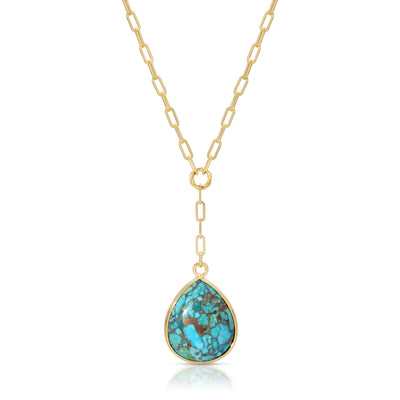 gold necklace with turquoise teardrop pendant
