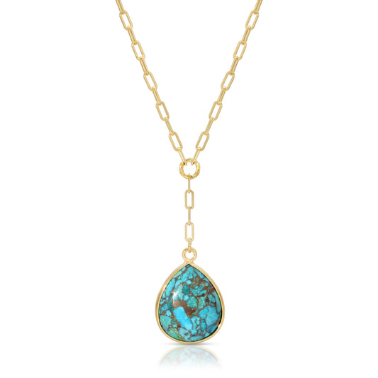 gold necklace with turquoise teardrop pendant