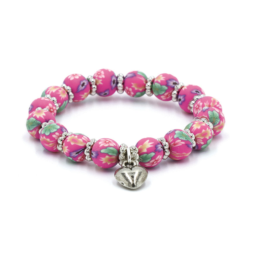 pink floral beaded bracelet with heart charm