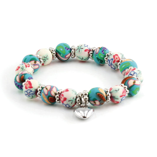 teal & white floral clay bead bracelets