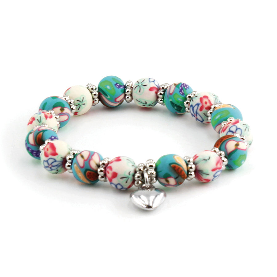 colorful floral beaded bracelet with silver heart charm