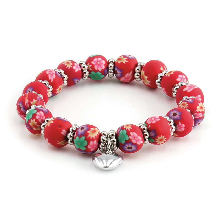 red floral clay bead bracelet