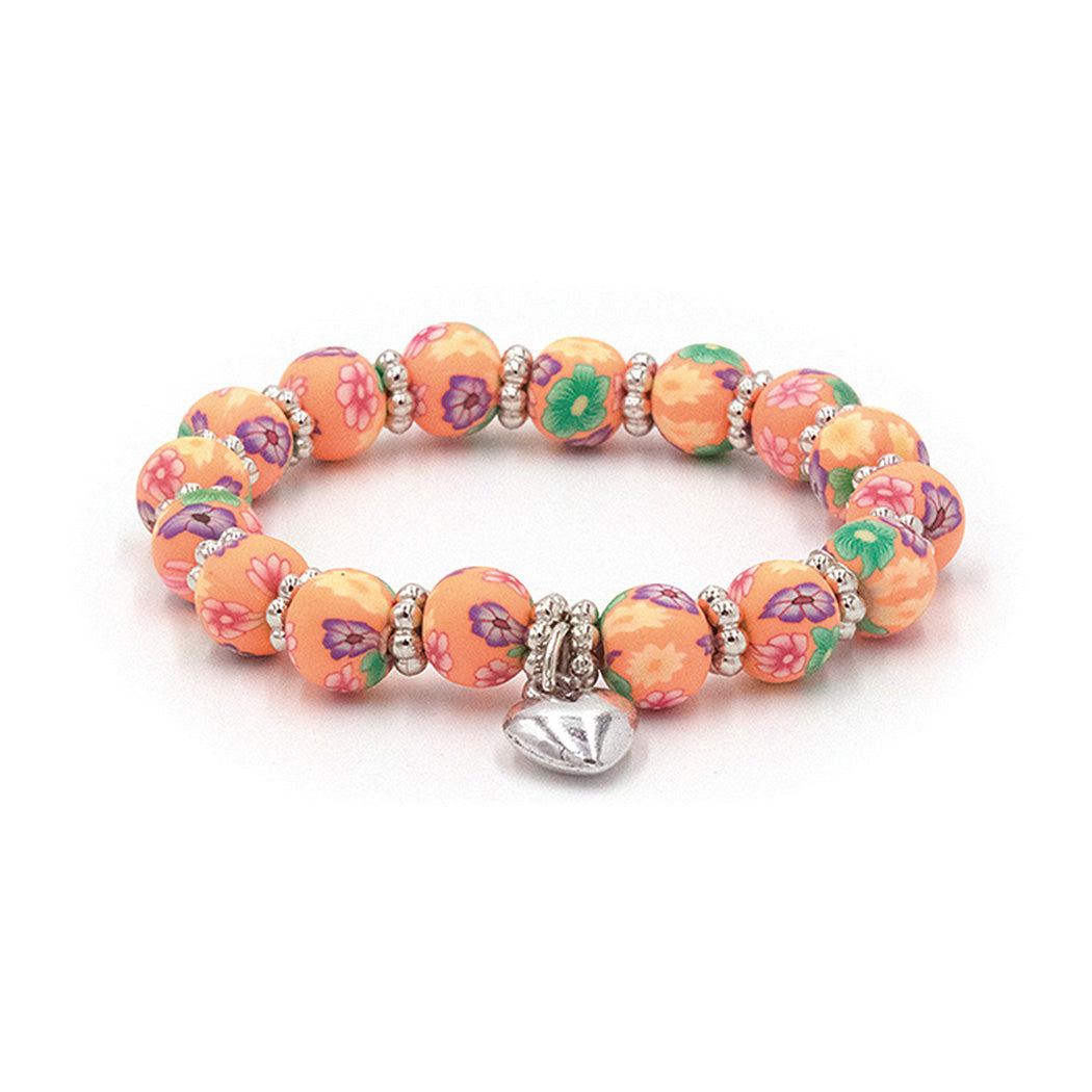 orange floral stretch bracelet with heart charm