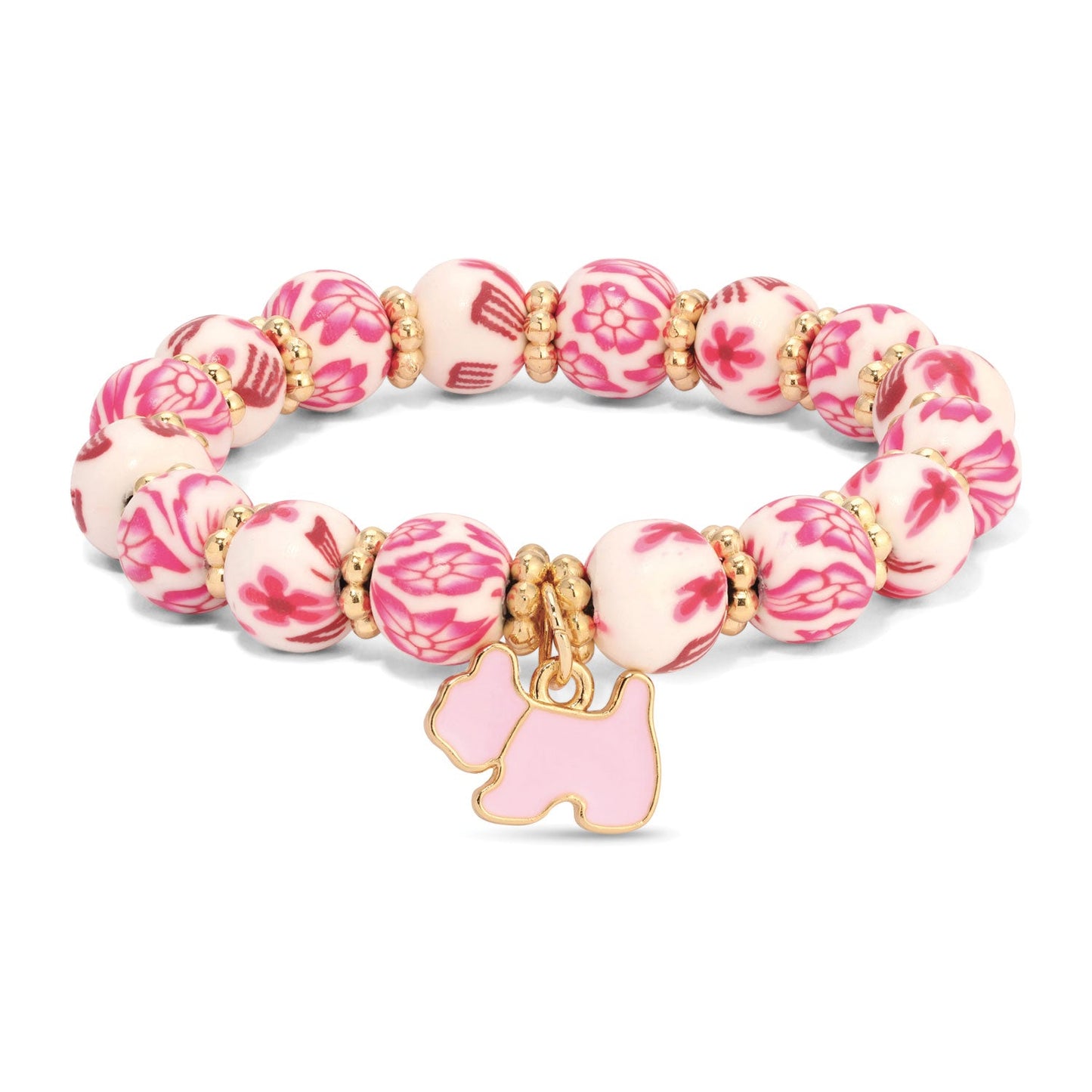 pink and white floral beaded bracelet with dog charm
