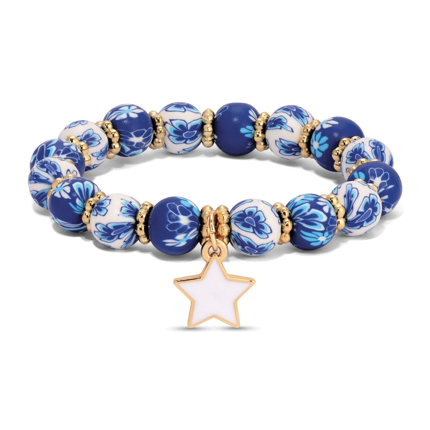blue and white floral bead bracelet with star charm