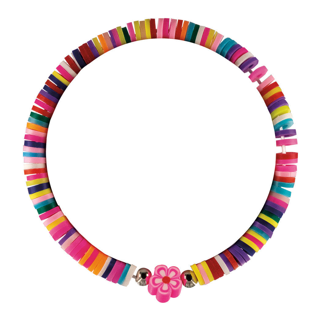 colorful bead necklace with pink flower charm