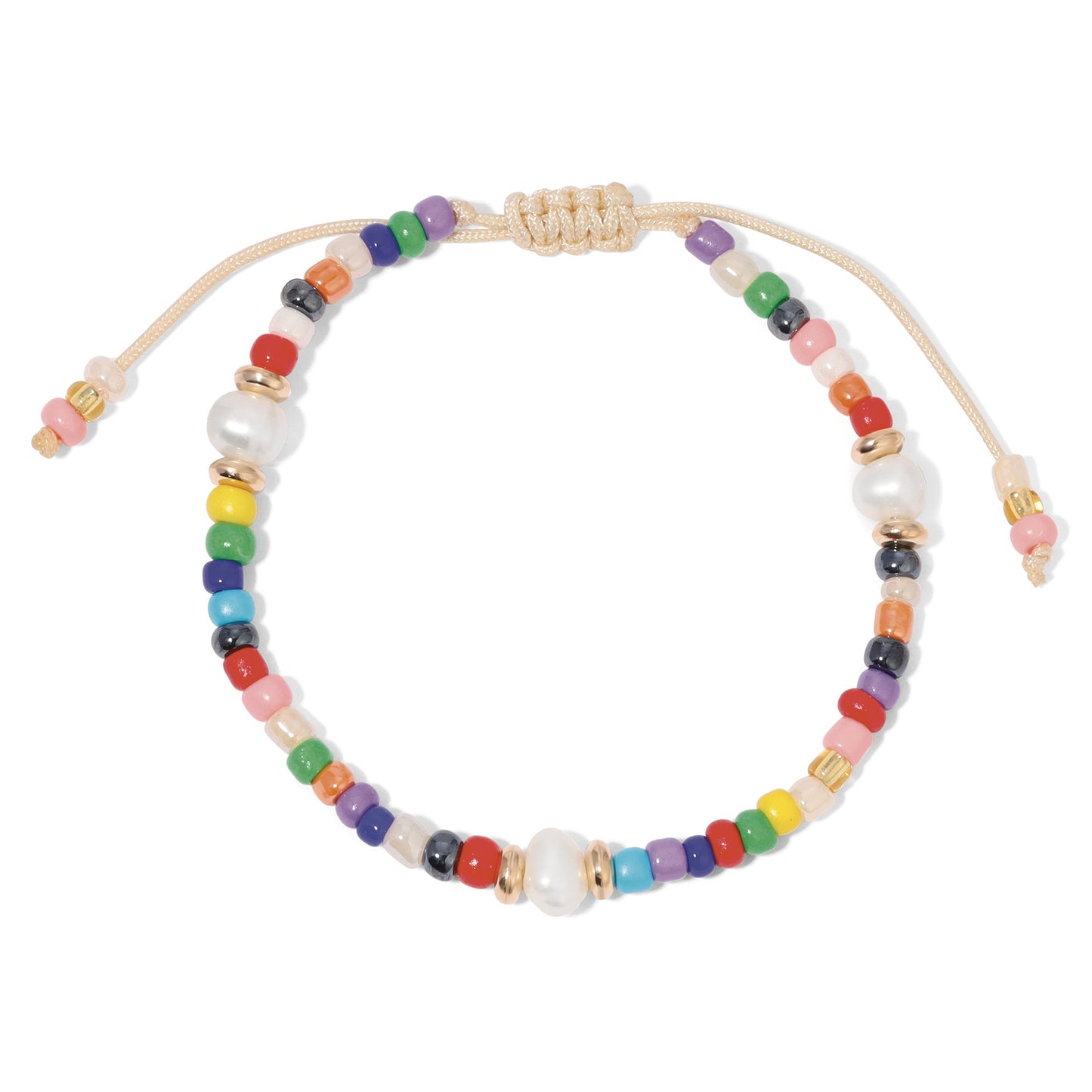 colorful beaded bracelet with pearl and gold accents