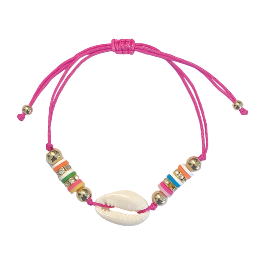 clay disc & cowrie shell pink corded bracelet