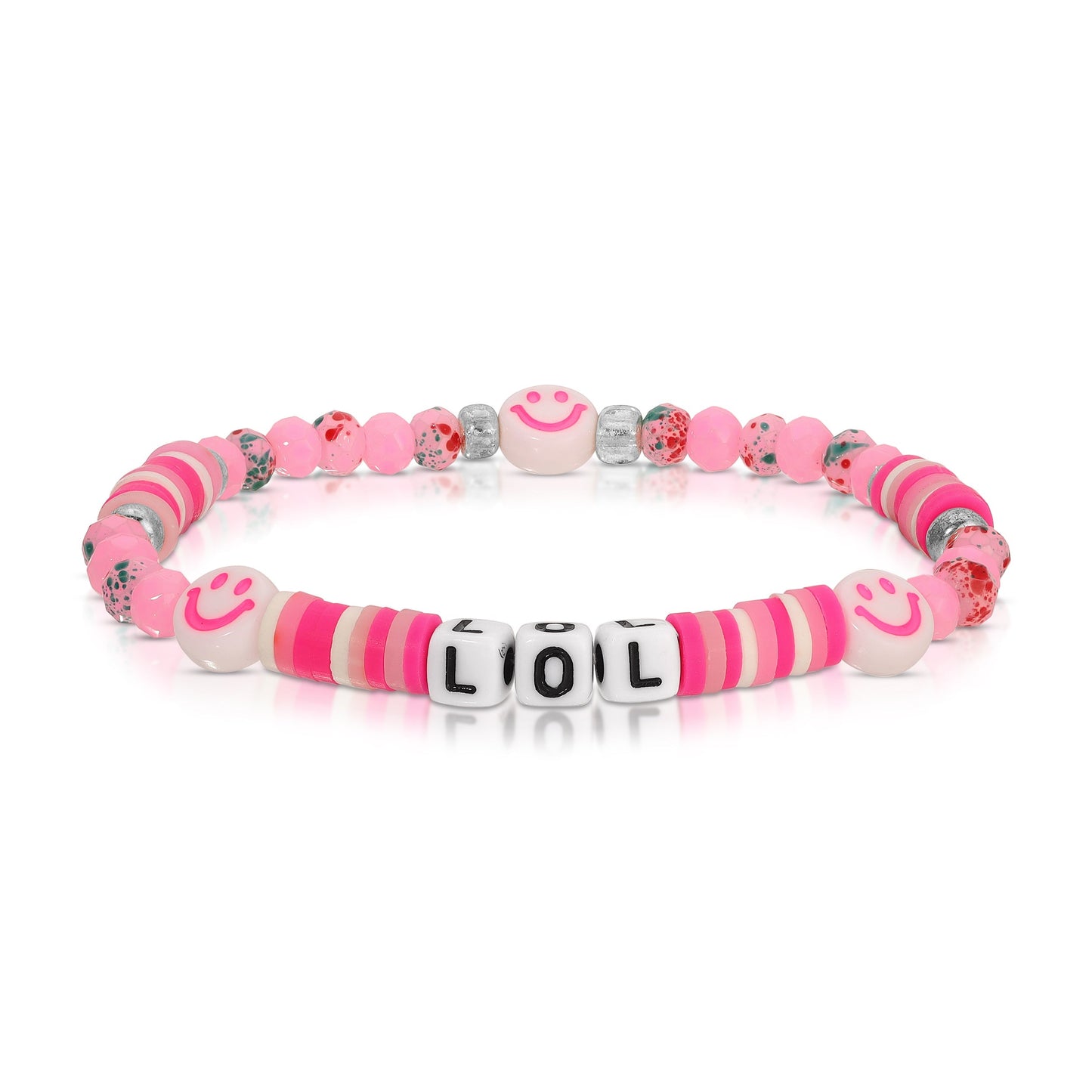pink beaded bracelet with lol and smiley faces