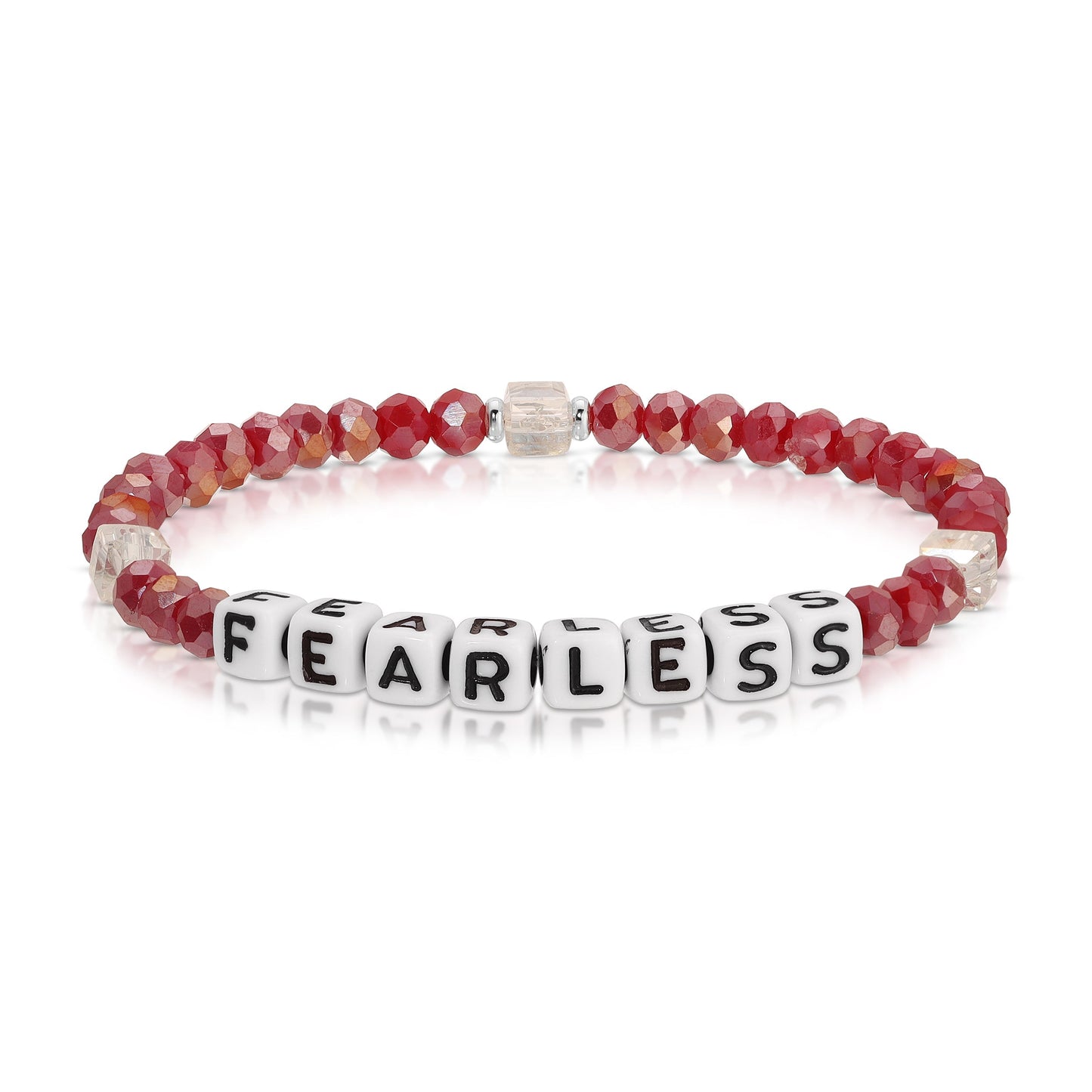 red beaded bracelet with fearless letters