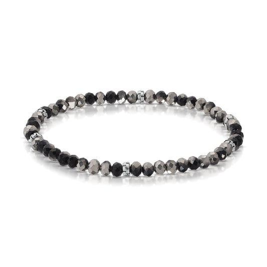 black and silver beaded bracelet on white background
