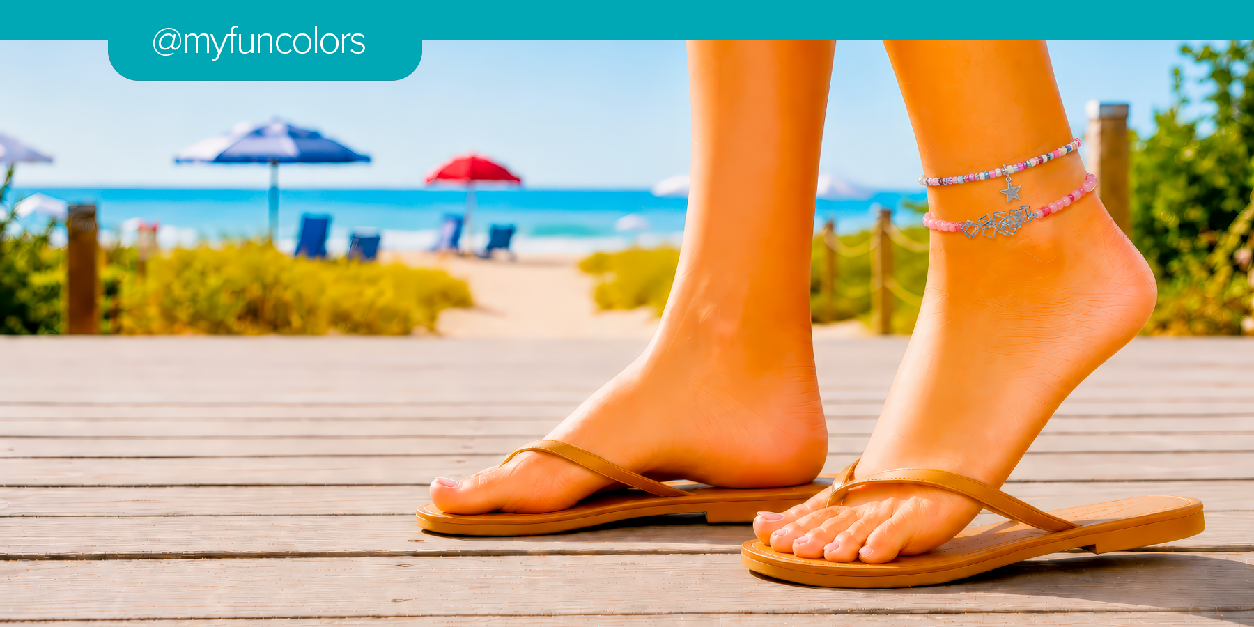 My Fun Colors anklet bracelets styled with sandals for a bright summer beach look.