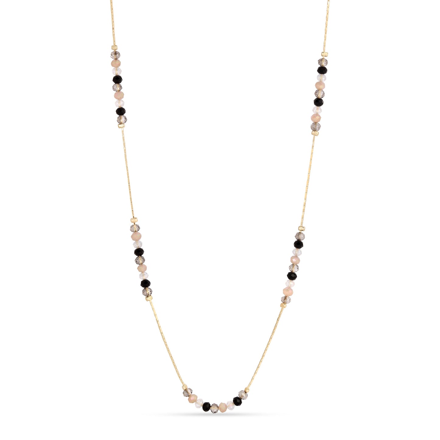 gold necklace with black and pink beads