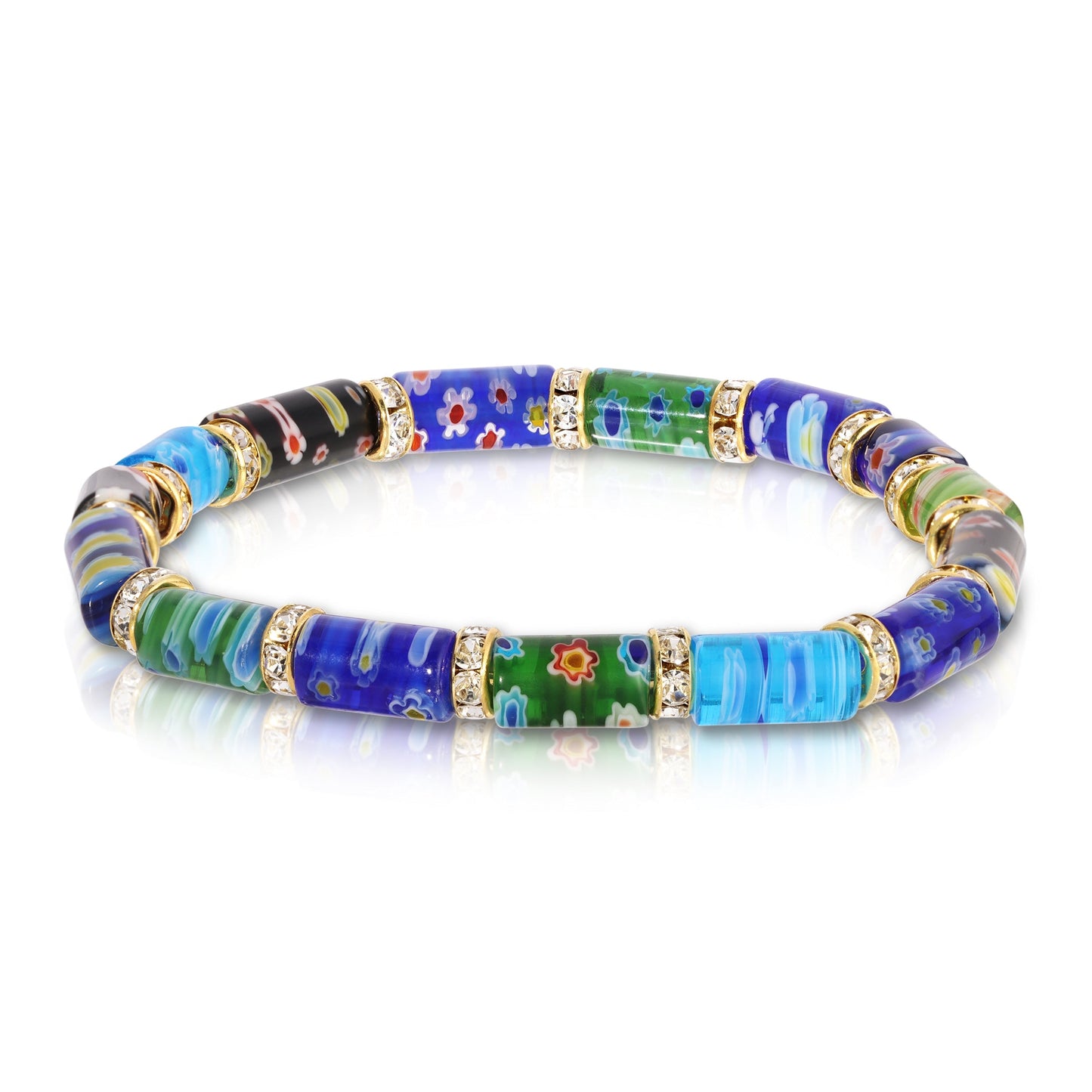 colorful glass bead bracelet with gold accents