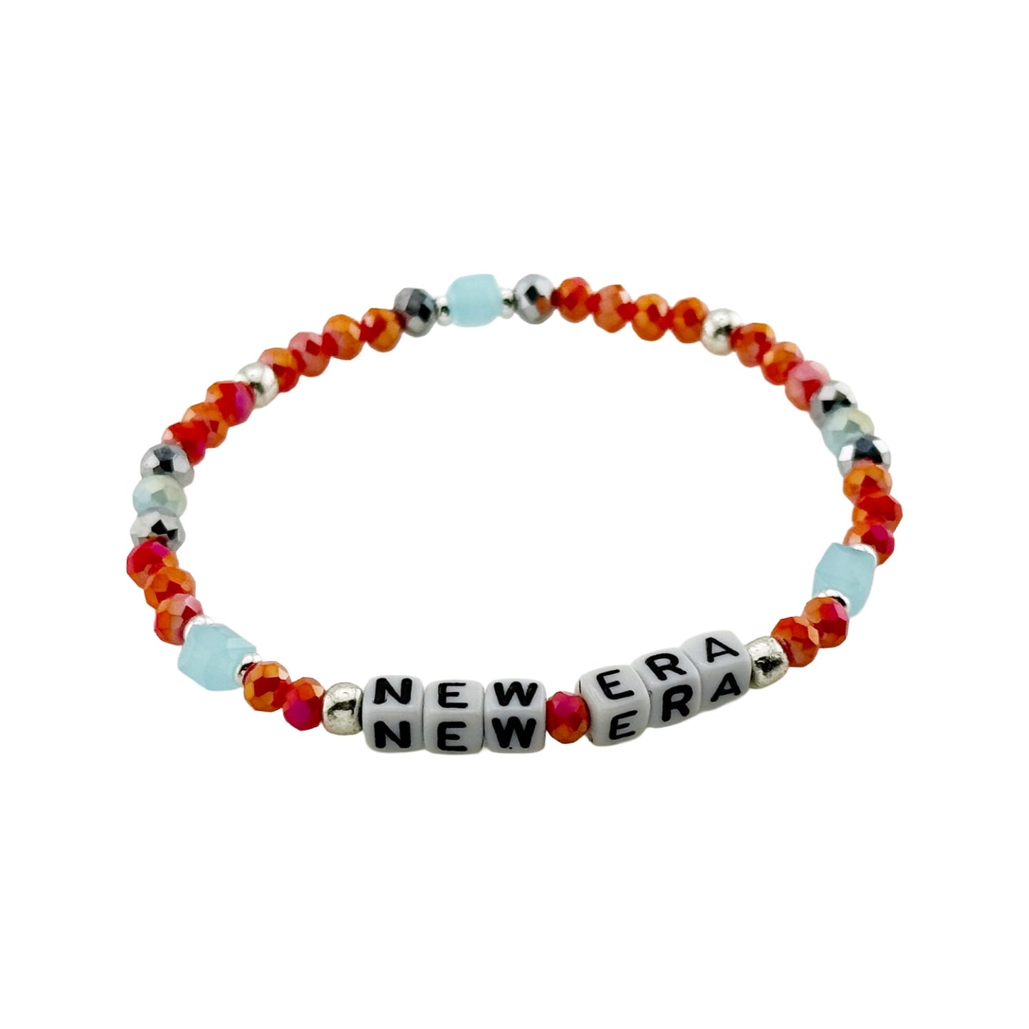 Multicolored beaded bracelet with 'NEW ERA' beads on a white background