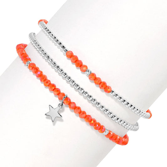 Coral and Silver Petite-Crystal Trio Bracelet Set