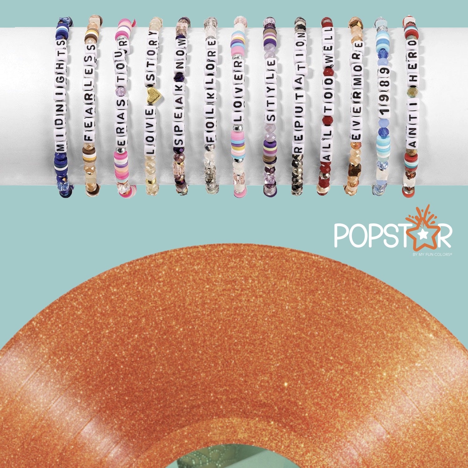 Set of beaded bracelets on a white roll with a blue background, featuring the brand 'Popstar'.