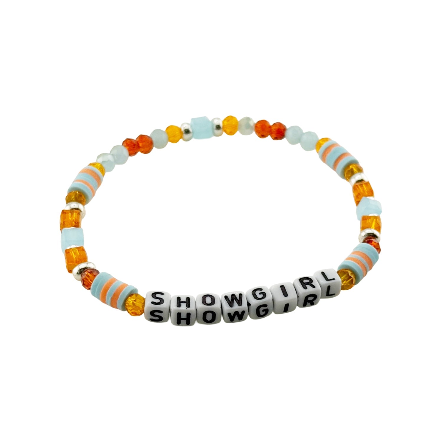 Colorful beaded bracelet with 'SHOWGIRL' beads on a white background