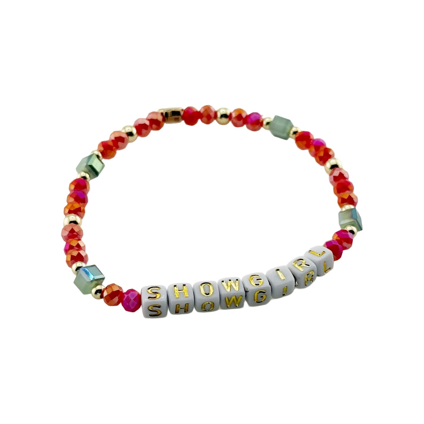 Colorful beaded bracelet with letter beads spelling 'SHOW' on a white background