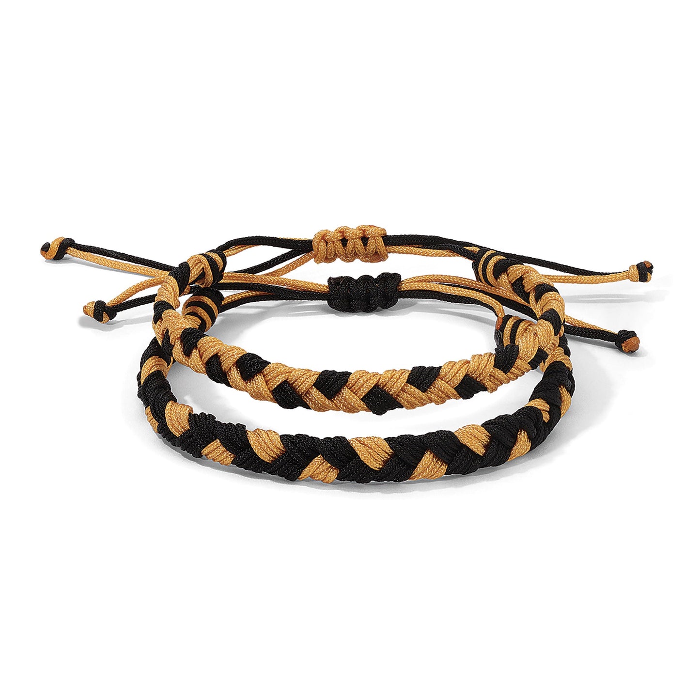 woven black and yellow bracelets on white background