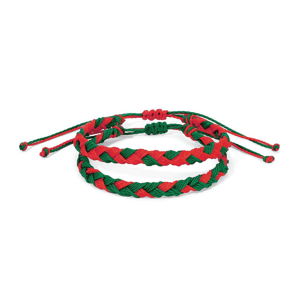 Two beautifully braided bracelets.  One has 2 Red strands and 1 Green Strand.  The other has 2 Green strands and 1 Red Strand.  They are tightened with a drawstring that allows them to fit a huge range of wrist sizes - from children to football lineman!