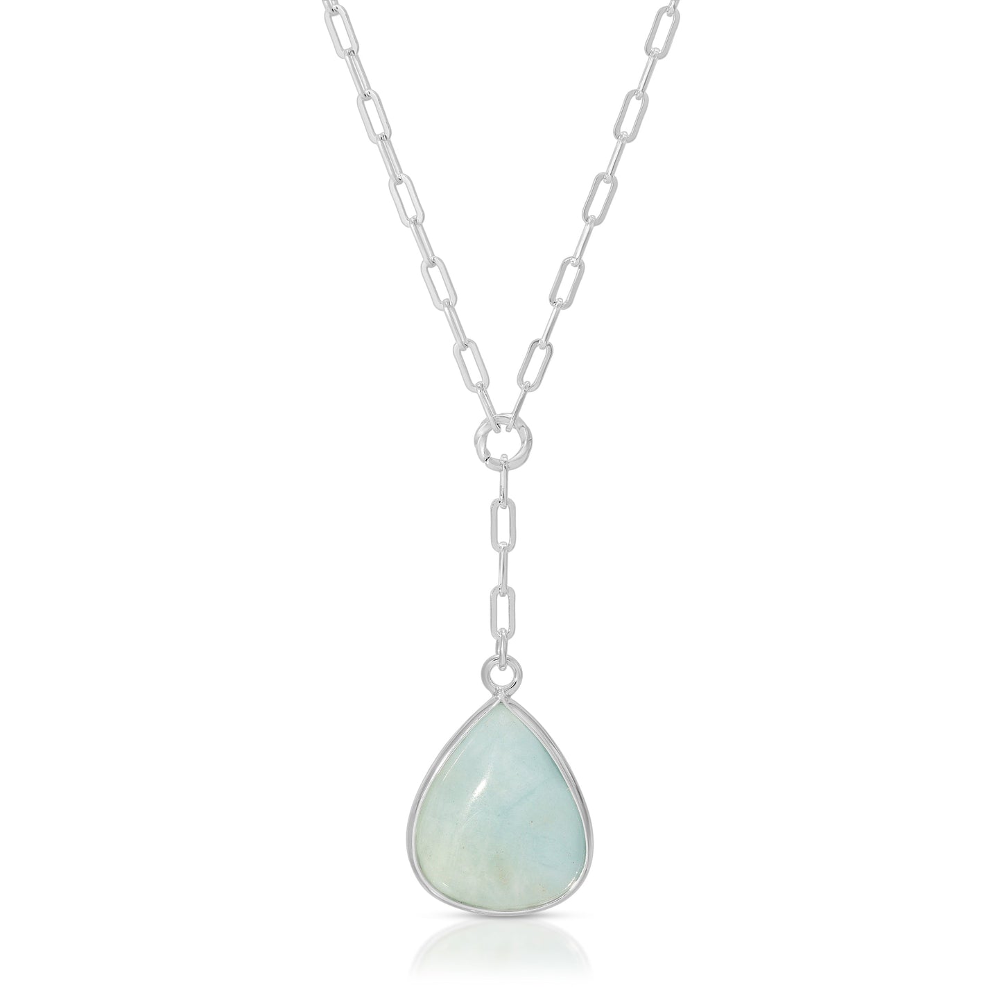 silver chain necklace with blue gemstone pendant