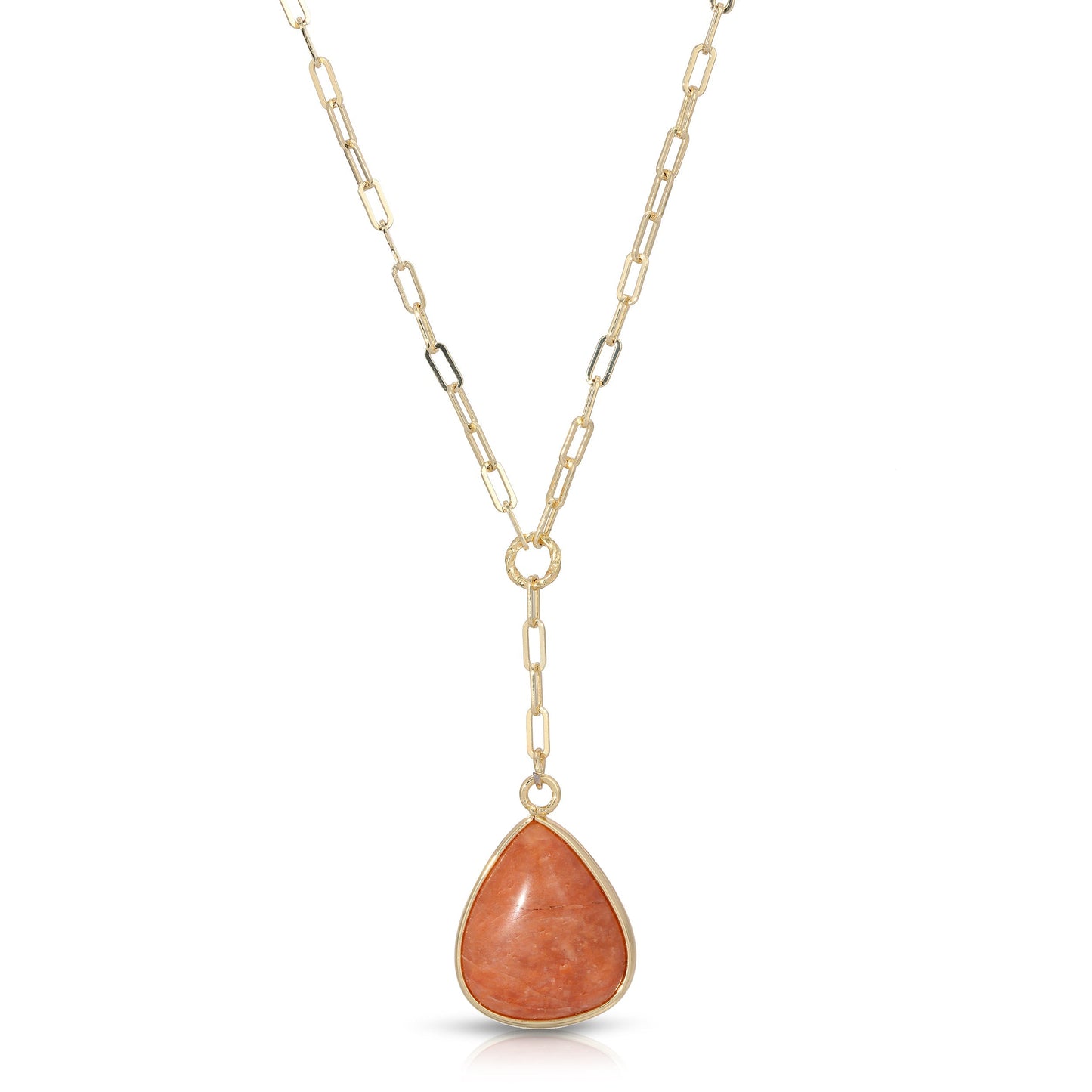 gold necklace with orange teardrop pendant