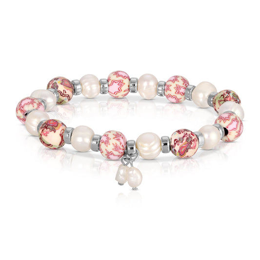 pearl & pink paisley clay bead bracelet