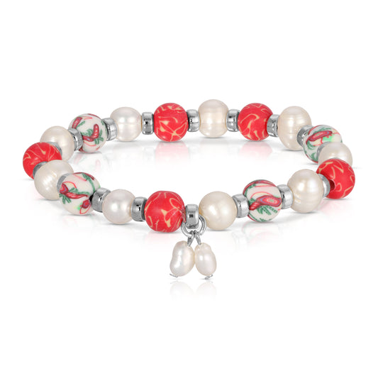 pearl & red leaf clay bead bracelet