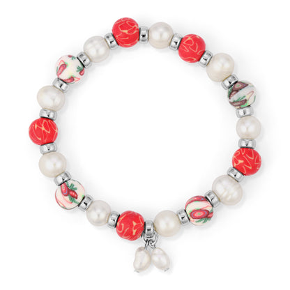 pearl & red leaf clay bead bracelet