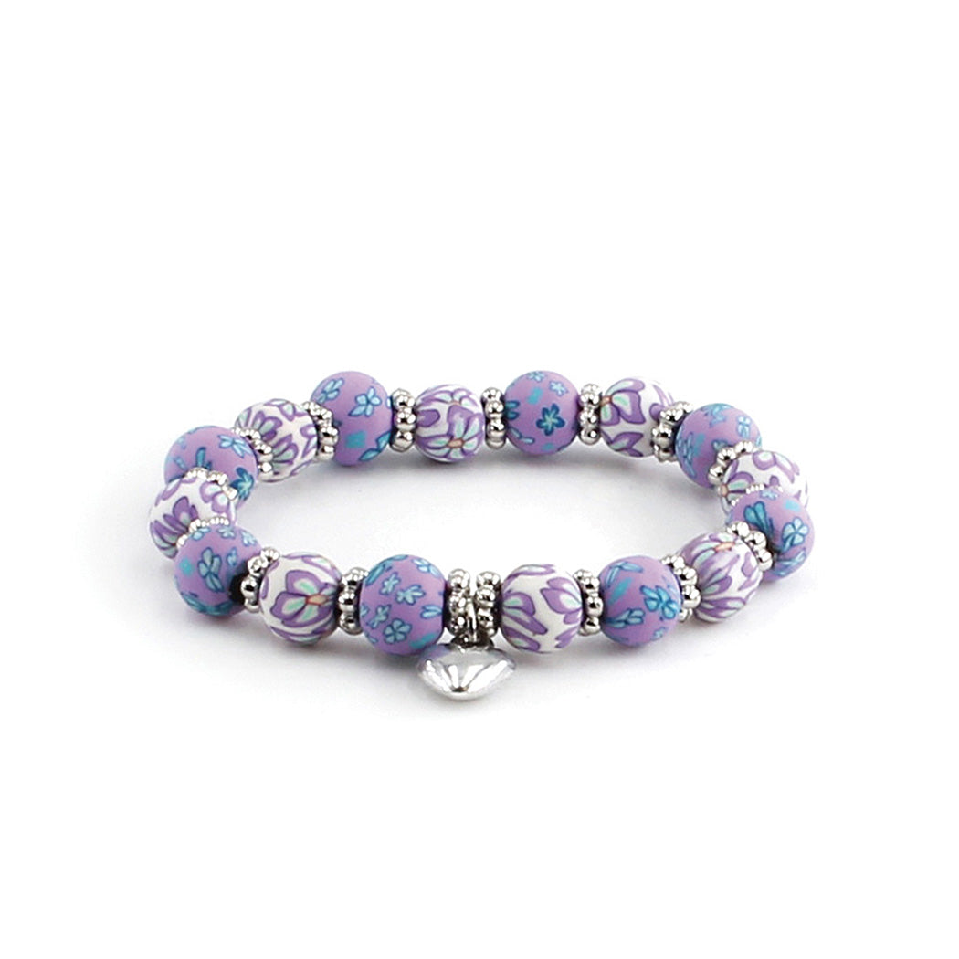 light purple & white floral clay bead bracelet