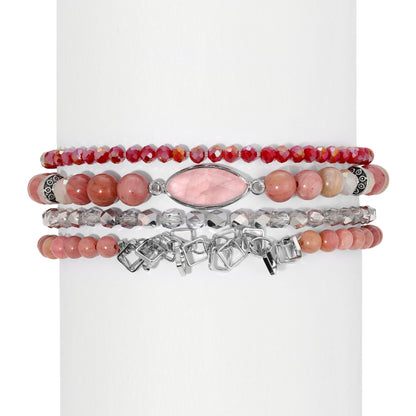 pink and red beaded bracelet stack